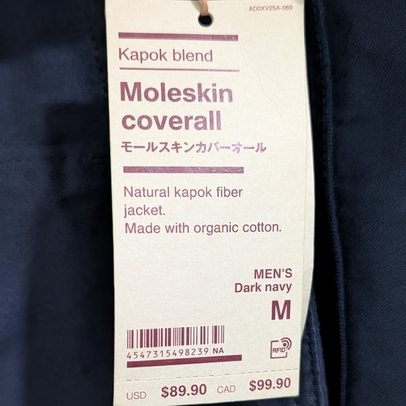 MUJI Kapok Blend Moleskin Coverall Chore Jacket - Dark Navy - Size M NWT - Picture 6 of 7